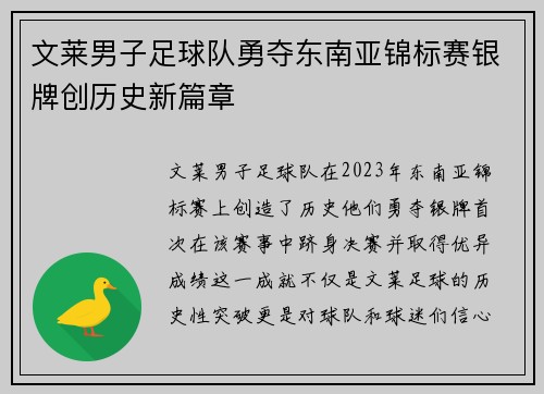 文莱男子足球队勇夺东南亚锦标赛银牌创历史新篇章